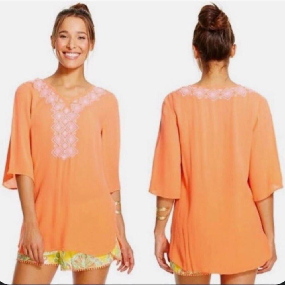 LILLY PULITZER For Target Tunic Top Orange Pink Embroidered Size Small
